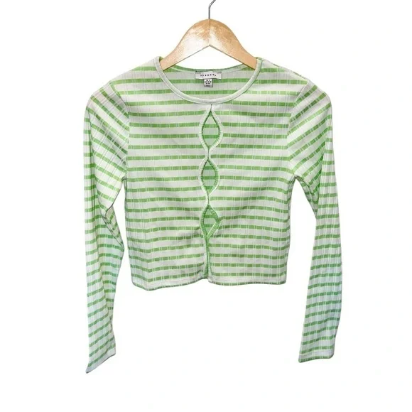 NEW Topshop Rib Stripe Front Cutout Long Sleeve Crop Top Multi Green & White - Picture 3 of 4